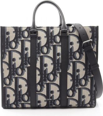 Dior Beige Black Navy Canvas Leather Handbag Tote Bag (Pre-Owned)