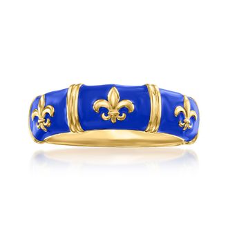 Ross-Simons Blue Enamel Fleur-De-Lis Ring in 18kt Gold Over Sterling
