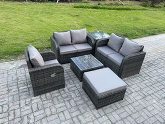 Fimous 6 Piece Garden Furniture Sets 6 Seater Outdoor Patio Furniture Set Weaving Wicker Rattan Sofa Chair & Table with Big Footstool Side Table