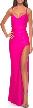 La Femme Bustier Top Jersey Prom Dress with Intricate Lace Up Back in Hot Pink at Nordstrom, Size 12