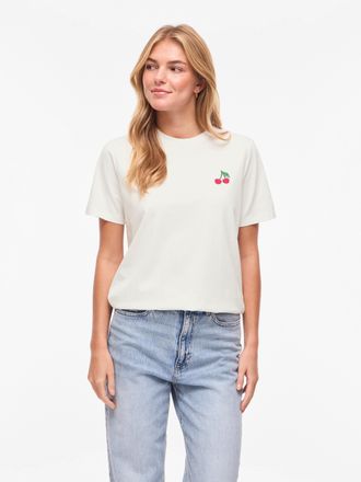 Vila Kurzarmshirt VILA VISYBILLA CHERRY O-NECK S/S TOP/PB/LC, Damen, Gr. XS, snow wei&szlig; detail:cherry kelly gr&uuml;n, jazzy, Jersey, Obermaterial: 100% Baumwoll