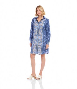 Karen Kane Long Sleeve Border Print Shirtdress In Blue