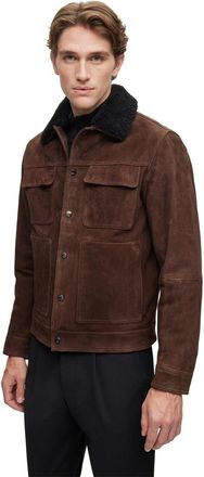 HUGO BOSS Mens Solid Patterned Sherpa Jacket with Flap Chest Pocket in Dark Brown - Size 46 (Chest)