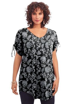 Roaman's Ruched Sleeve Ultra Femme Tunic in Black White Vines at Nordstrom, Size 28