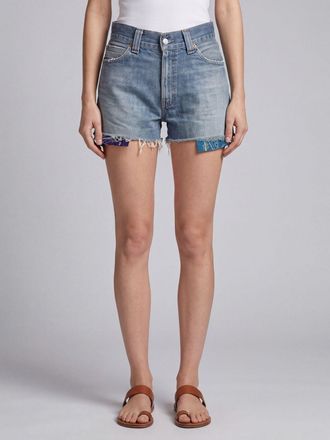 HTC High-Waisted Denim Shorts with Frayed Hem and Bandana Motif