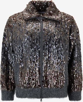 Brunello Cucinelli Flauschige Mohair-Strick-Bomberjacke mit Pailletten Dazzling