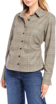 Karen Kane Willa Plaid Sequin Top In Neutral Tan Cream Black