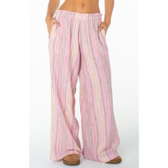 Roxy Offshore Stripe Wide Leg Cotton Pants in Fuchsia Pink at Nordstrom, Size X-Large