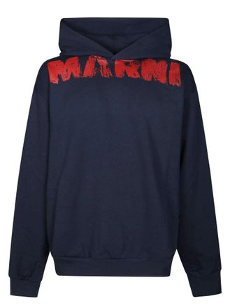 Marni Navy Blue Hoodie With Distressed Red Graphic