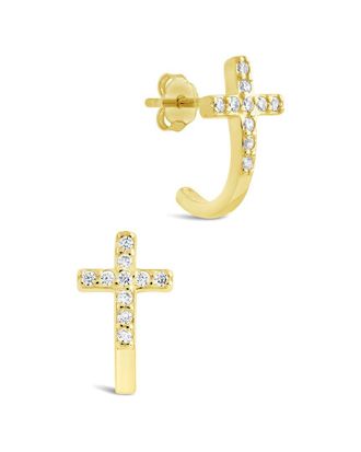 Sterling Forever Silver CZ Cross Huggie Hoop Earrings