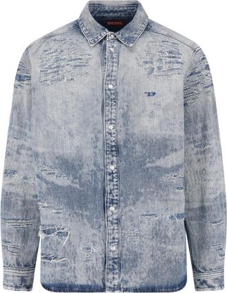 Diesel Blue Cotton Denim Distressed Shirt