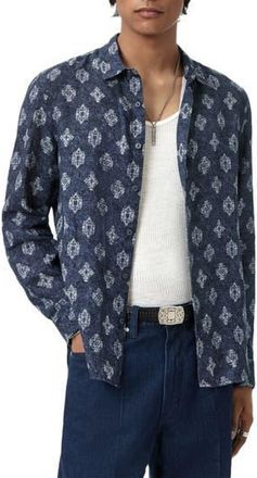 John Varvatos Ross Long Sleeve Linen Button-Up Shirt in Titanium Blue at Nordstrom Rack, Size X-Large