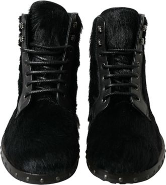 Dolce & Gabbana Black Pony Style Leather Mid Calf Boots Mens Shoes