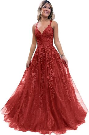 Generic Womens Lace Applique Prom Dresses Long Tulle Bridesmaid Dress A Line V Neck Formal Party Ball Gowns with Slit Red 6XL