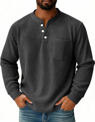 Generic Corduroy shirts Henley collar Mens Waffle Sweatshirt with Pocket V-Neck Button Up Flap Pockets Spring Versatile Wrinkle-Free Dark Gray L