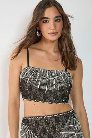 NASTY GAL Lace Strappy Sequin Crop Top in Black at Nordstrom, Size 10