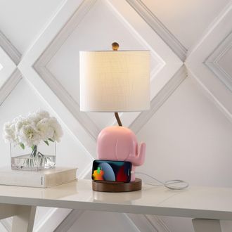 Jonathan Y Designs Ellie 20.25 Bohemian Designer Iron/Resin Elephant LED Kids Table Lamp with Phone Stand and USB Charging Port, Pink