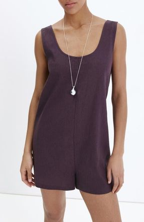 Mango Open Back Linen Blend Romper in Purple at Nordstrom, Size Large