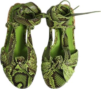 Dolce & Gabbana Womens Green Animal Print Ankle Wrap Sandals Shoes Leather