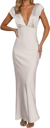 Generic Satin Prom Dresses Long Evening Party Gown V Neck Cowl Back Silk Bridesmaid Dress for Women Sweater Dress with Pockets (Beige, L)