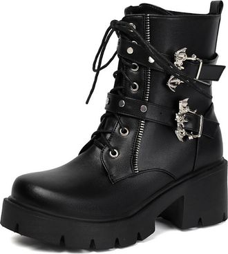 Generic Womens Gothic Ankle Boots with Bat Buckle Detail Lace-Up Zipper Chunky Platform Heels PU Leather Comfortable Anti-Slip Wear-Resistant for Daily Casual