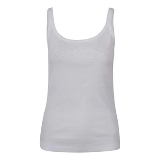 Dolce & Gabbana Sleeveless Tops, female, White, Size: XS Ribbed Cotton Tank Top with Logo Embroidery