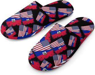 Generic Haitian U.S. Flag Flannel Mens Slip-on Slippers Winter Warm House Shoes with Rubber Sole for Home Hotel