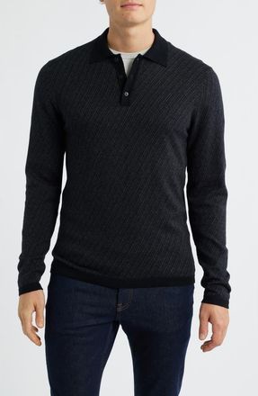 Robert Barakett Borja Cotton & Cashmere Long Sleeve Polo in Black at Nordstrom, Size Xx-Large