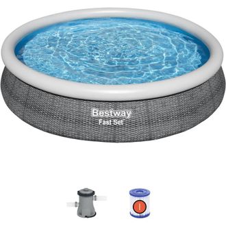 Bestway Piscina per Bambini Fast Set Stampa Effetto Rattan &Oslash;366x76 cm con Pompa Filtro a Cartuccia 1.249 l/h