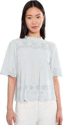 Madewell Embroidered Pintuck High-Neck Top Womens Clothing Soft Blue : LG (Womens 10-12), Cotton