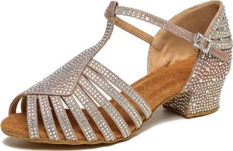 Miyoopark MINITOO Latin Ballroom Shoes for Women Rhinestones Beaded Wedding Formal Party Sandals L558 Gold 4cm Heel UK 7.5