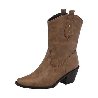 Generic Womens Western Style Mid Calf Boots Square Toe High Block Heel With Rivet Details Slip On For Daily Casual Wear