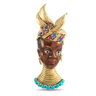Luxury Bazaar Antique 18K Yellow Gold Sapphire, Ruby, Turquoise, and Enamel French Blackamoor Brooch MF12-050726