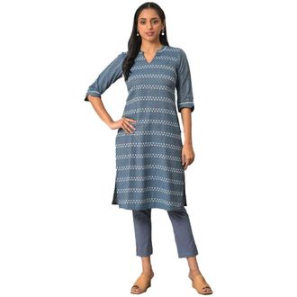 Aurelia Aurelia Kurta Womens Cotton Regular Blue Floral Printed Straight Kurta, blue, M