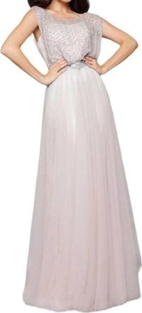 Mac Duggal Beaded Illusion Gown In Sand
