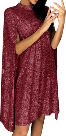 Generic Womens Cloak Sleeve Mini Sequin Dresses,Sexy Cocktail Shimmering Elegant Wedding Guest Party (Wine,XXL)