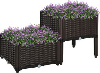 OUTSUNNY Conjunto De 2 Macetas Cuadradas Jardinera Para Flores Y Plantas Con Orificios De Drenaje Y Patas 40x40x26/44 Cm Marr&oacute;n