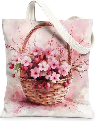 Generic Spring Plum Bossoms Flower Canvas Tote Bag for Shopping 13x15, Cute Watercolor Floral Reusable Grocery Print Pattern Bag for Women, Garden Flower Beac