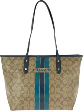 Coach Pre-owned Signature PVC Leren Schoudertas - Dames - Vintage Shopper - Beige - ONE Size - Leer - Vintage