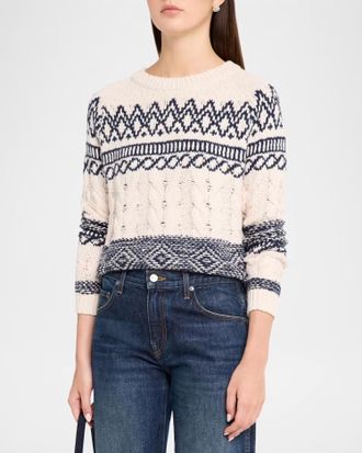Autumn Cashmere Fair Isle Cable Crew Knit Sweater In Sand Navy