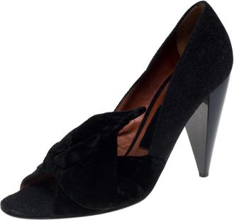 Lanvin Black Felt And Velvet Bow Embellished Open Toe Pumps