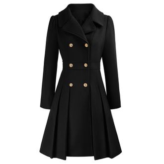 Generic Womens Pea Coat Double Breasted a Line Winter Fashion Notch Lapel Slim Flared Pleated Wool Blend Trench Coats with Pockets (Black,XXL)