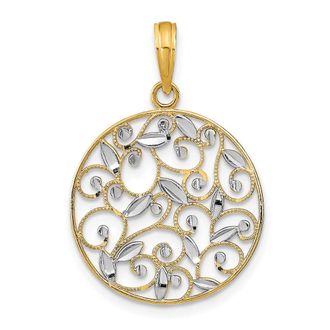 Diamond2Deal 14k Yellow Gold and White Rhodium Diamond-cut Filigree Round Charm Pendant