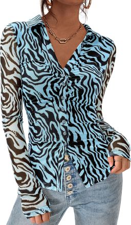 PrettyGarden Women Button Down Floral Shirts 2025 Fall Trendy Long Sleeve V Neck Ruched Mesh Boho Blouse Tops Date Outfits, Zebra Blue Black, M