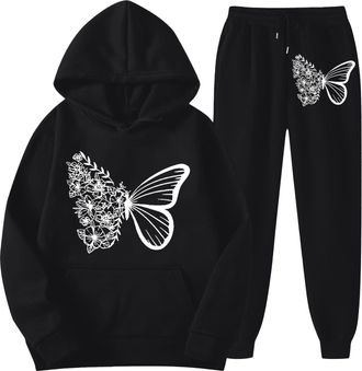Generic Women Tracksuit Full Set UK, Womens 2 Piece Outfits Butterfly Print Pullover Sweatshirt Sweatsuits Joggers Pants With Pockets Y2K Gym Activewear Loung