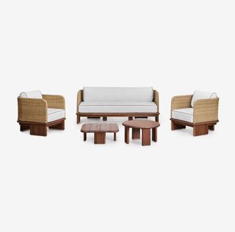 Sklum Sklum - Conjunto De Sal&oacute;n Con Sof&aacute; De 3 Plazas, 2 Sillones Y 2 Mesas De Centro En Rat&aacute;n Y Madera De Acacia Famara