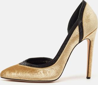Gina Gold Paisley Print Velvet Crystals Embellished Dorsay Pumps