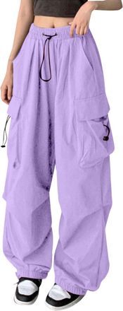 Generic Womens Wide Leg Y2k Parachute Pants Baggy High Waisted Cargo Pants Lightweight Summer Casual Hip Hop Streetwear Grunge Punk Trousers Drawstring Solid 