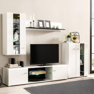 Dmora Parete Attrezzata Ozzero, Mobile Soggiorno Modulabile, 7 Ripiani, 4 Ante, 264x41.5x182h Cm Bianco Opaco