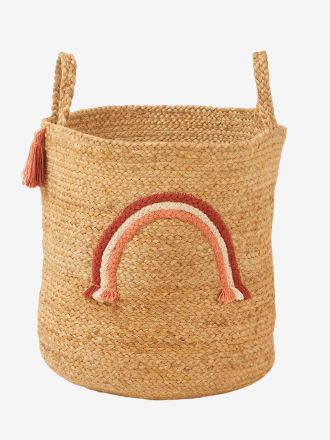 Vertbaudet Panier de rangement Arc-en-ciel en jute avec pompons beige